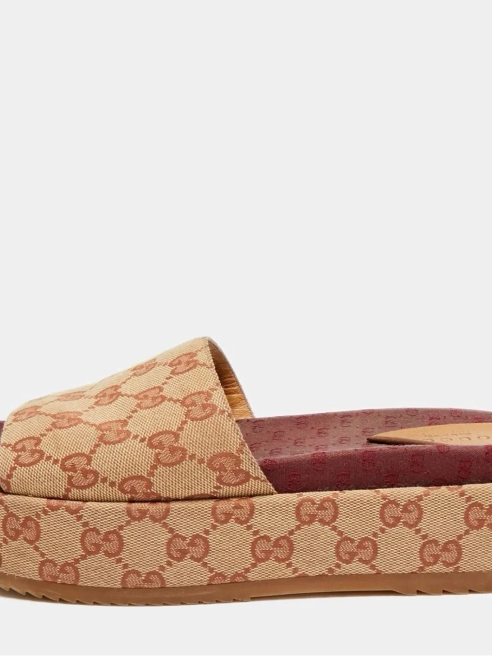 Gucci Beige & Burgundy Monogram Platform Slide